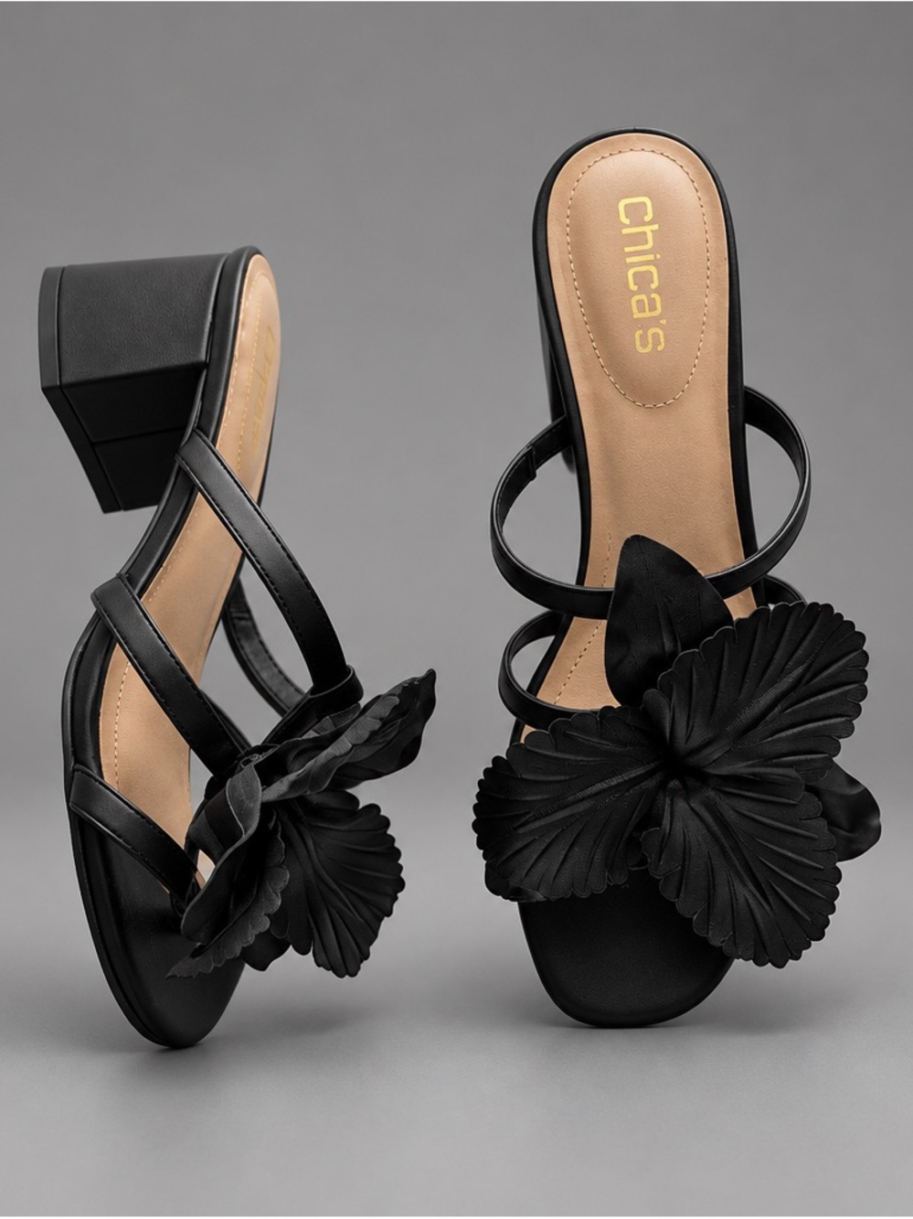 Chico's Black Pia Leafy Floral Accent Block Heel Sandals
